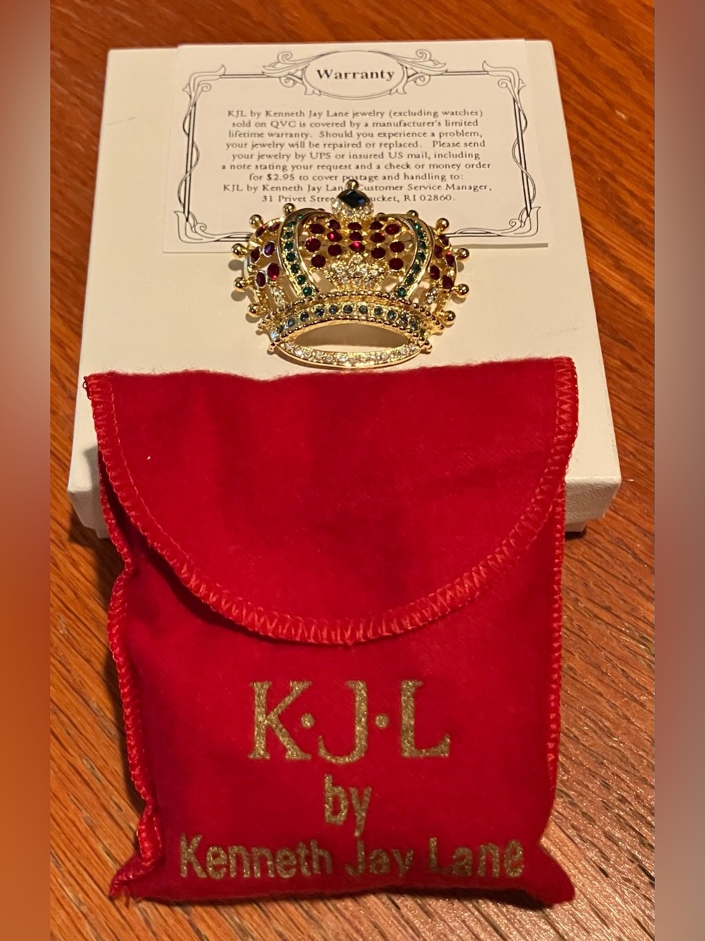 NEW Vintage Kenneth Jay Lane  Gold-Tone Crown Brooch with Red and Green Accents